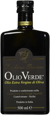Olio Verde bottle pour showing smooth, versatile extra virgin olive oil for dressings.