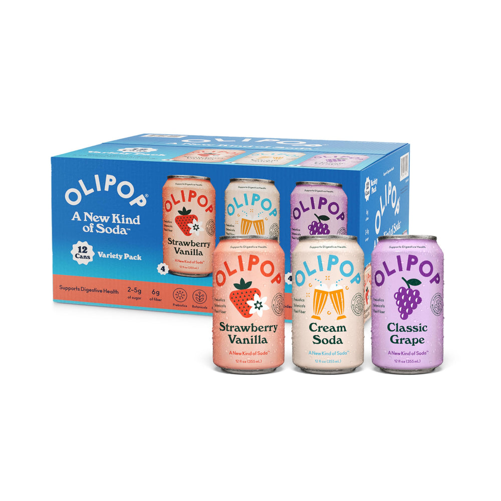 OLIPOP Cream Soda bottle showing fiber and prebiotics for digestive support.