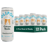 OLIPOP Cream Soda pantry pack with 12 cans highlighting gut-friendly ingredients.