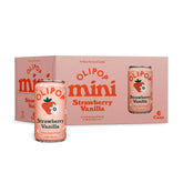 OLIPOP Minis Strawberry Vanilla cans on a table, highlighting fruity flavor and fiber support.