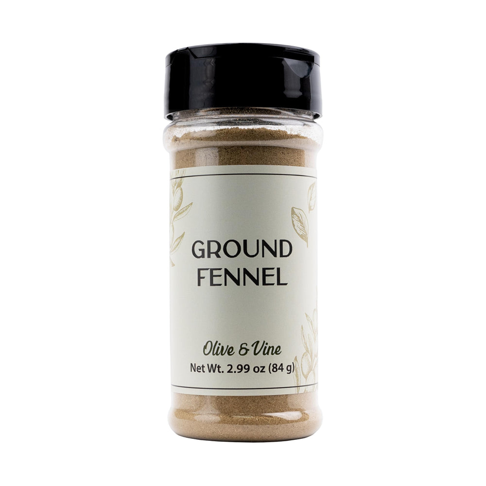 Olive & Vine ground fennel shaker jar for easy seasoning and fresh aroma.