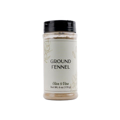 Olive & Vine Ground Fennel in a reusable shaker jar adds aromatic sweetness.