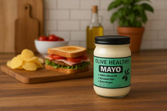 Olive Healthy Mayo bottle front label, clear ingredients and branding