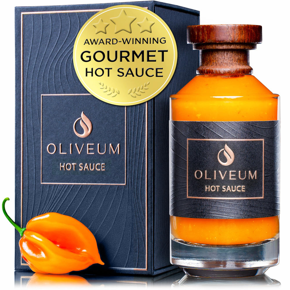 Oliveum Hot Sauce bottle full shows premium medium-spice flavor for versatile meals