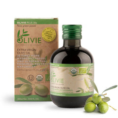 OLIVIE PLUS 30X desert olive oil bottle highlights high polyphenols for vibrant salads.