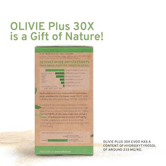 OLIVIE PLUS 30X single-farm olive oil bottle emphasizes authentic flavor.