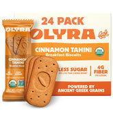 Olyra Cinnamon Tahini Breakfast Biscuits packfront, gluten-free and kid-friendly for quick breakfasts