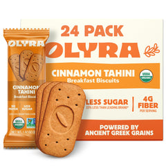 Olyra Cinnamon Tahini Breakfast Biscuits packfront, gluten-free and kid-friendly for quick breakfasts