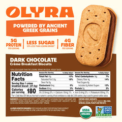 Olyra dark chocolate sandwich biscuit close-up showing rich texture and protein-packed bite.