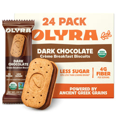 Olyra dark chocolate sandwich biscuit packaging highlights organic ingredients and convenient breakfast option.