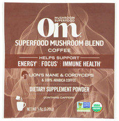 Om Mushroom Superfood organic coffee blend packet showing premium caffeine and mushroom boost