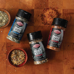 Omaha Steaks Private Reserve Rub shown on a juicy steak