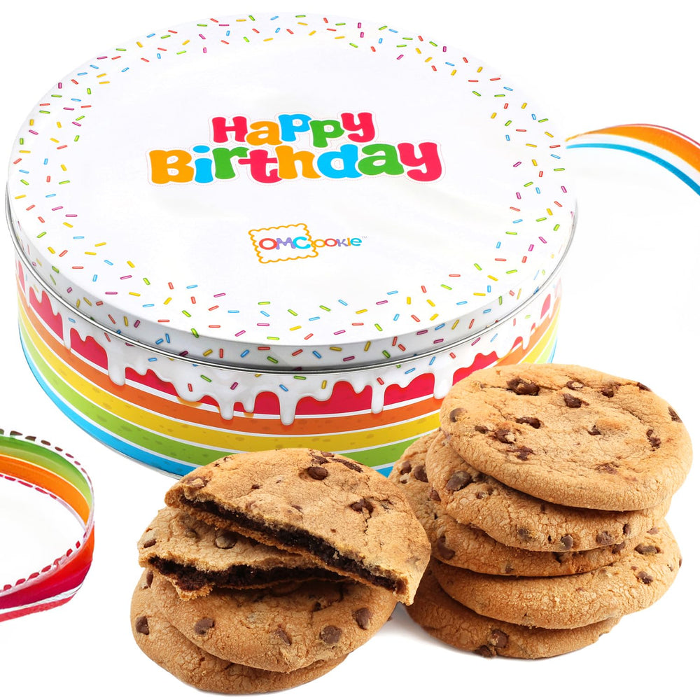 OMCookie Happy Birthday Tin display, a ready-to-gift gourmet treat.