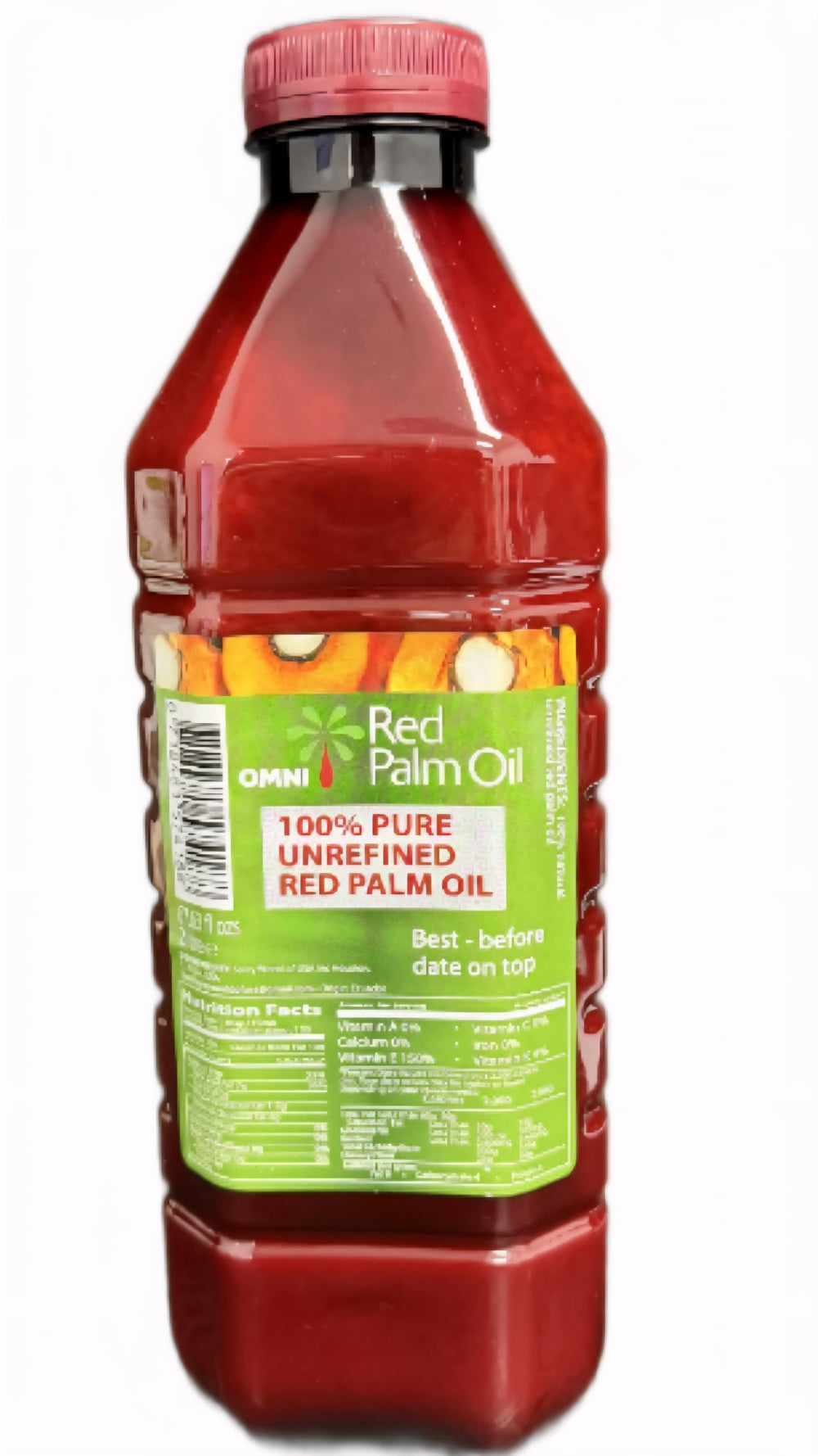 Omni Red Palm Oil 2L bottle highlighting authentic flavor for West African dishes.