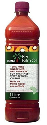 Omni Red Palm Oil bottle pour highlights its rich red color and versatility for cooking and finishing dishes.