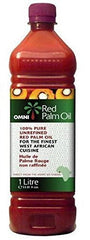 Omni Red Palm Oil bottle pour highlights its rich red color and versatility for cooking and finishing dishes.
