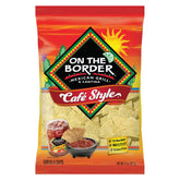 On The Border Cafe Style Tortilla Chips 11oz bag front view, perfect for snacking.