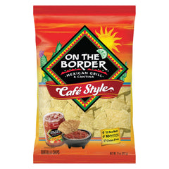 On The Border Cafe Style Tortilla Chips 11oz bag front view, perfect for snacking.