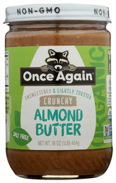 Once Again Organic Crunchy Almond Butter in a glass jar with a bold front label, ready to enjoy.