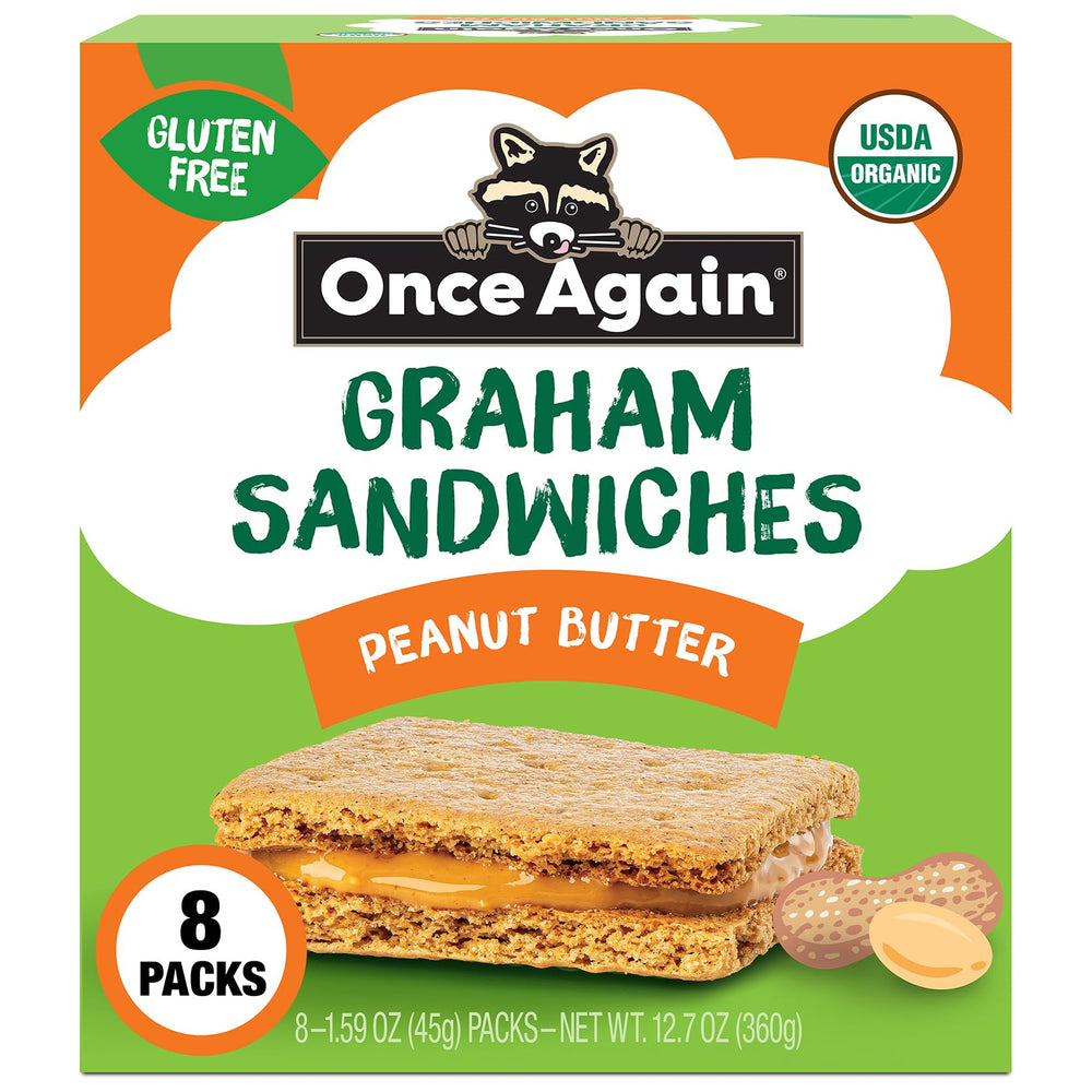 Once Again Peanut Butter Crackers packaging highlights gluten-free graham crackers for portability.