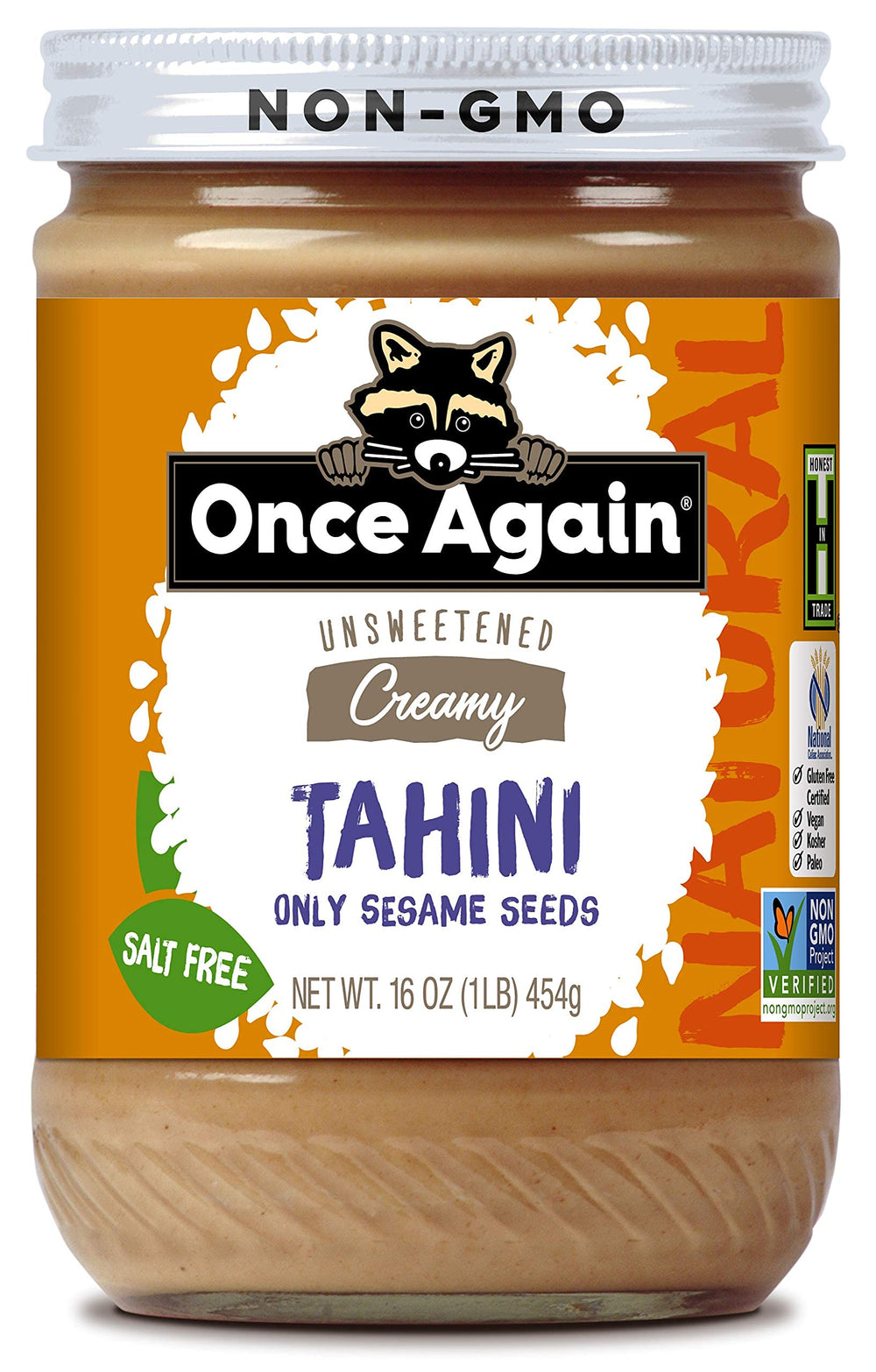 Once Again Tahini jar front showing pure sesame paste, ideal for hummus.