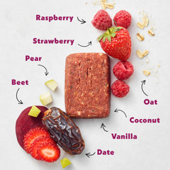 Once Upon a Farm mixed berry beet oats closeup emphasizes natural color and texture.