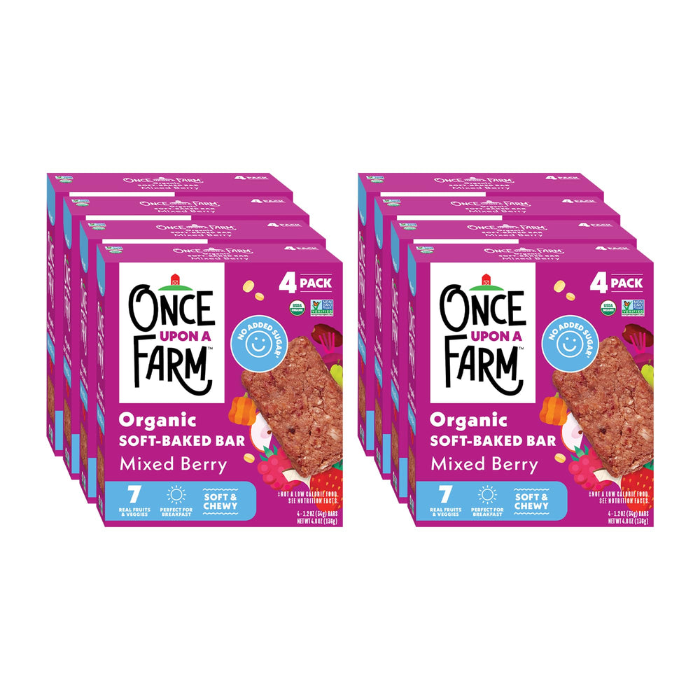 Once Upon a Farm mixed berry soft baked bar pack shot, ideal for busy lunchboxes.