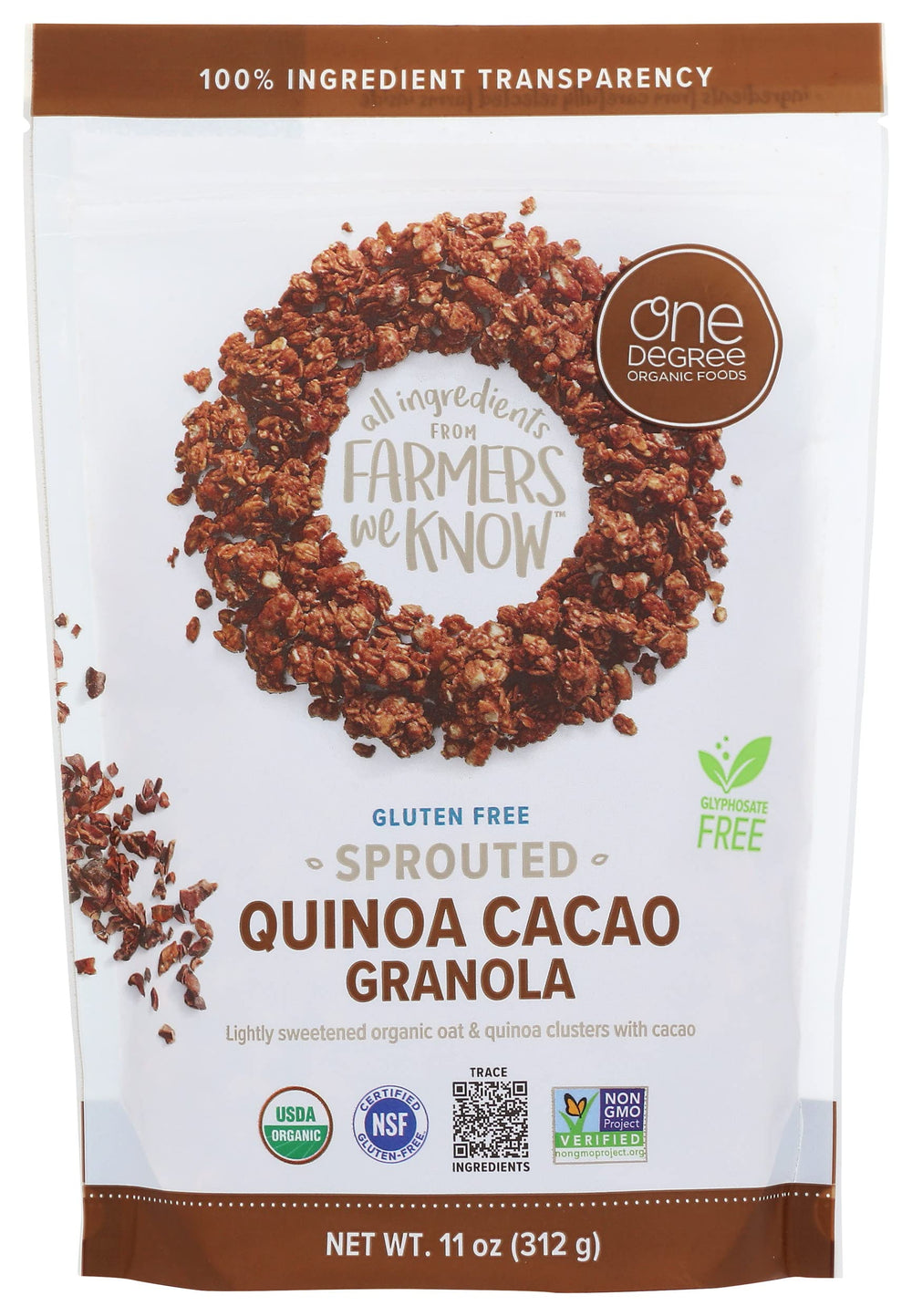 One Degree Organic Cacao Oat Quinoa Granola packaging, ideal for quick, wholesome breakfasts.