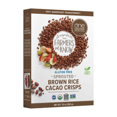 One Degree Sprouted Brown Rice Cacao Crisps close-up shows crunchy texture.