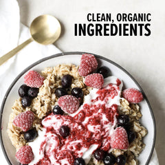 One Degree Sprouted Quick Oats in a steaming bowl conveys warm, comforting texture.