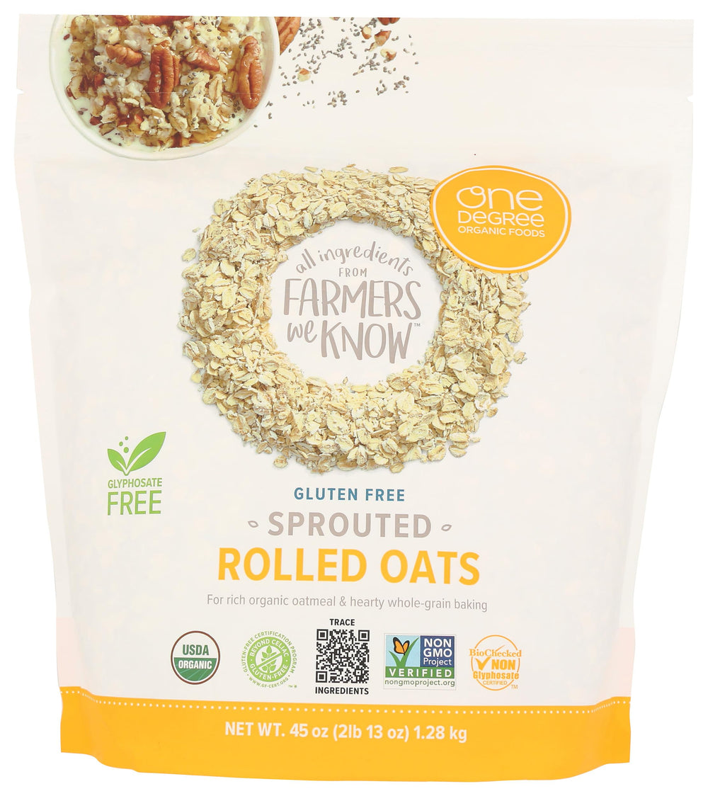 One Degree Organic Foods sprouted rolled oats 45oz packaging showing gluten-free quality.