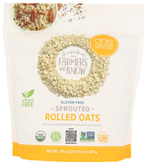 One Degree Organic Foods sprouted rolled oats 45oz packaging showing gluten-free quality.