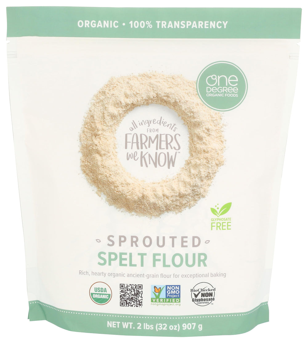 One Degree Sprouted Spelt Flour packaging shows organic, non-GMO quality.