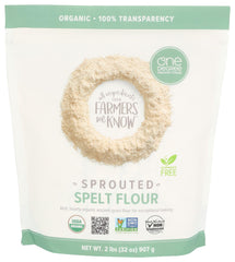One Degree Sprouted Spelt Flour packaging shows organic, non-GMO quality.