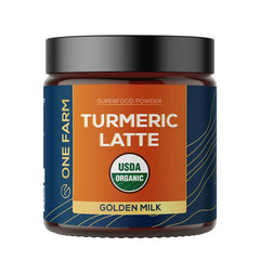 One Farm by WAAYB turmeric latte powder jar, resealable for freshness.
