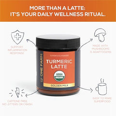 One Farm by WAAYB turmeric latte powder pour for easy serving.