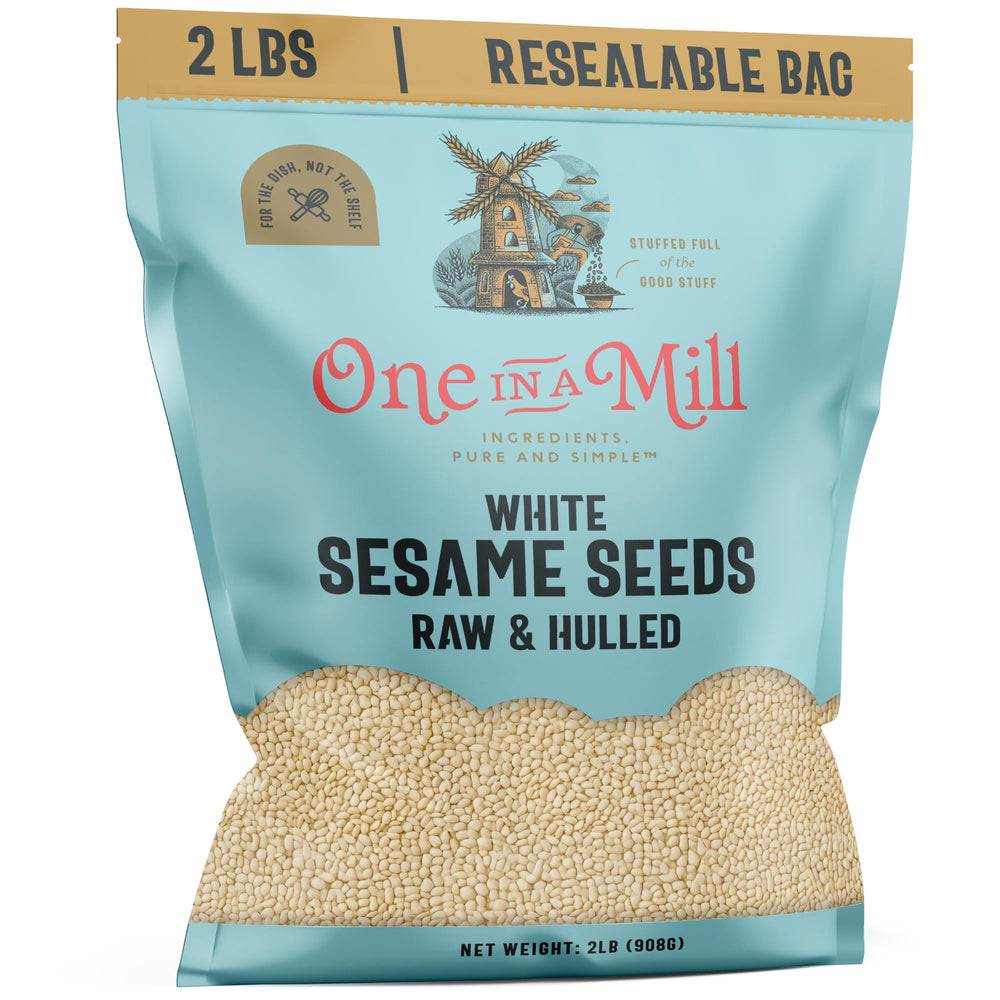 One in A Mill hulled sesame seeds packaging shows pure non-GMO quality for tahini