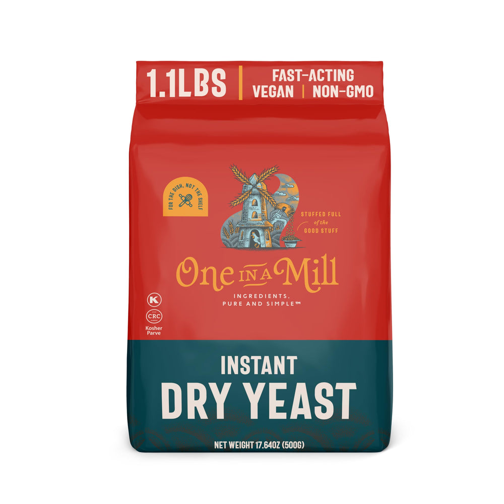 One in a Mill instant dry yeast packaging preserves freshness for quick rise.