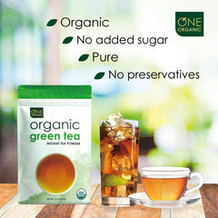 One Organic Instant Tea Green Powder dissolves in hot water for instant tea