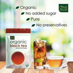 One Organic Instant Tea Powder dissolves rapidly in hot water for a fast brew.