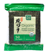 One Organic Sushi Nori sheets show premium roasted seaweed ready for sushi rolls.