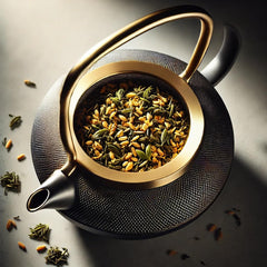 One With Tea Genmaicha brewed tea in cup invites calm, aromatic afternoon break.
