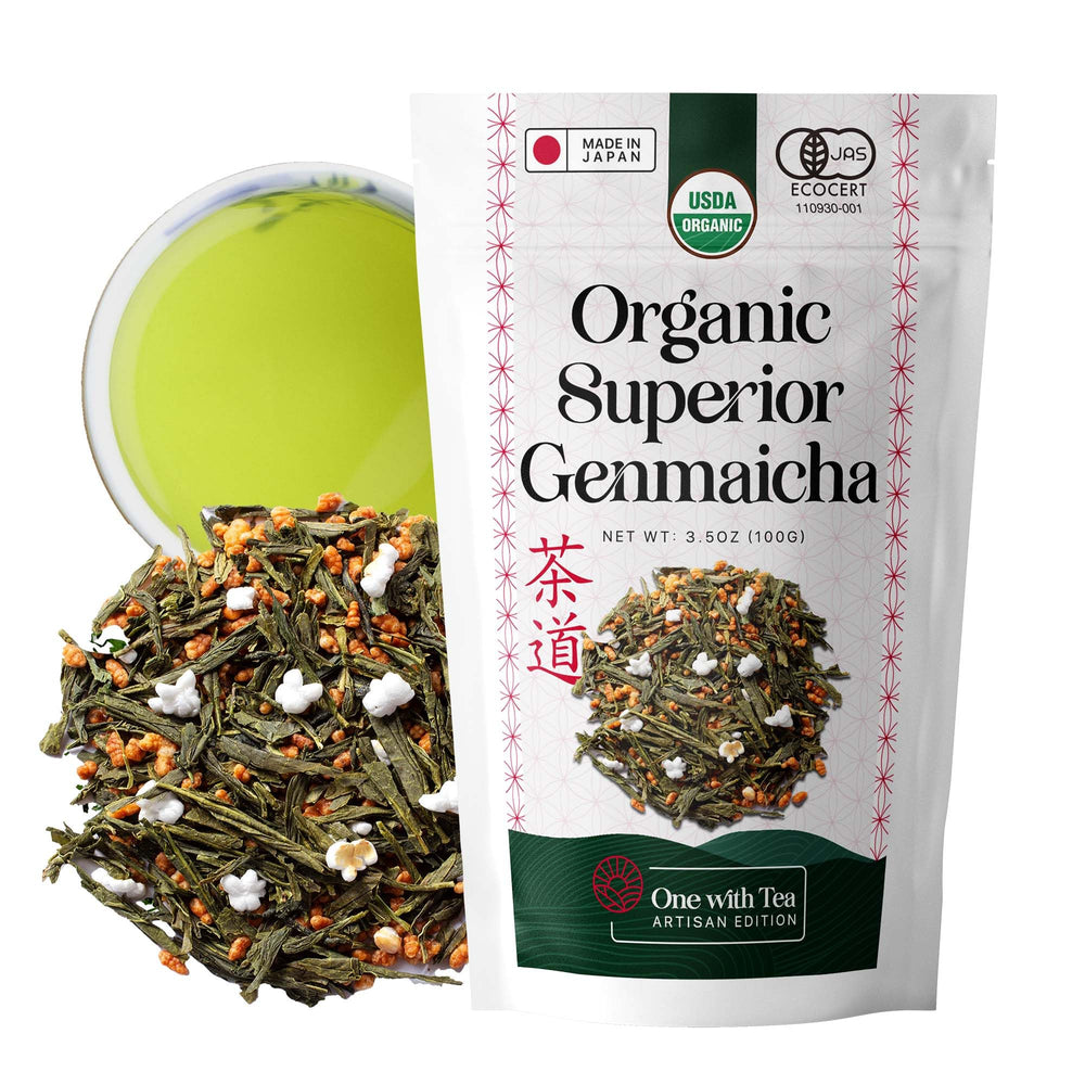 One With Tea Genmaicha loose leaf with brown rice aroma for a comforting afternoon ritual.