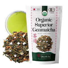 One With Tea Genmaicha loose leaf with brown rice aroma for a comforting afternoon ritual.