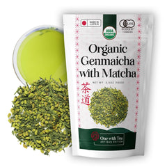 One With Tea Genmaicha loose leaf close-up highlighting fresh aroma and premium quality.