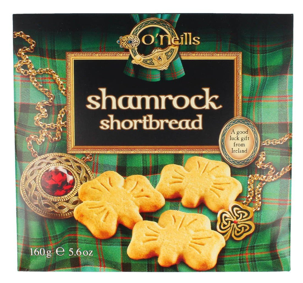 O'Neills Shamrock Shortbread Cookies pack on a wooden board, perfect for gifting.