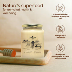 OneRoot raw honey jar closeup highlighting natural enzymes and rich flavor.