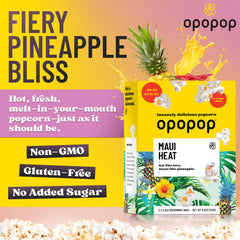 Opopop Maui Heat popped corn on a plate, golden and boldly seasoned.