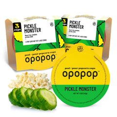 OPOPOP Pickle Monster popcorn in a pop cup for quick, mess-free snacking.