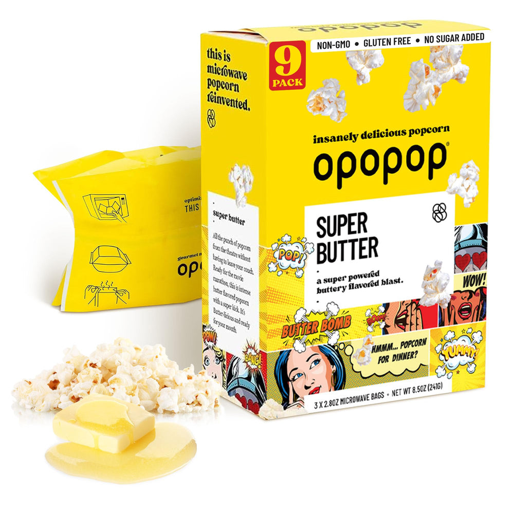 Opopop Super Butter popcorn bag ready for microwave, a rich, melt-in-your-mouth snack.